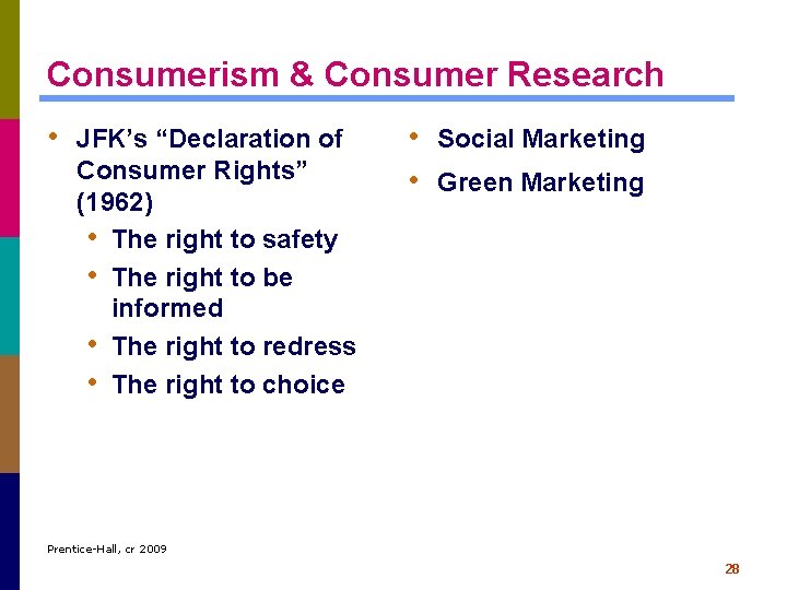 Consumerism & Consumer Research • JFK’s “Declaration of Consumer Rights” (1962) • The right