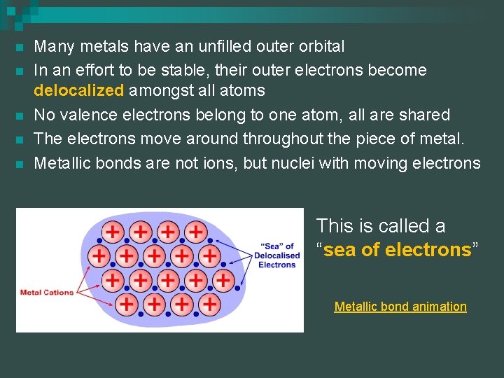 n n n Many metals have an unfilled outer orbital In an effort to