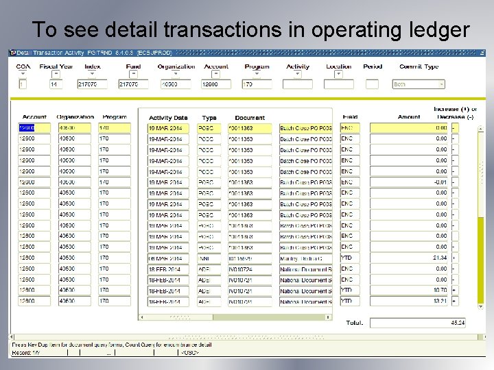 To see detail transactions in operating ledger 