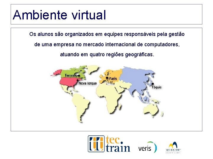 Ambiente virtual Os alunos são organizados em equipes responsáveis pela gestão de uma empresa Ambiente virtual Os alunos são organizados em equipes responsáveis pela gestão de uma empresa
