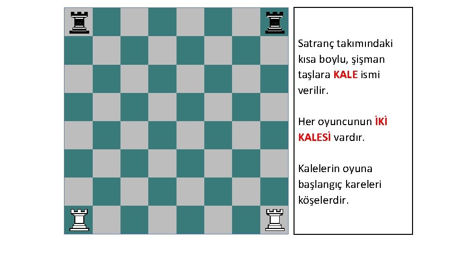 Satranç takımındaki kısa boylu, şişman taşlara KALE ismi verilir. Her oyuncunun İKİ KALESİ vardır.