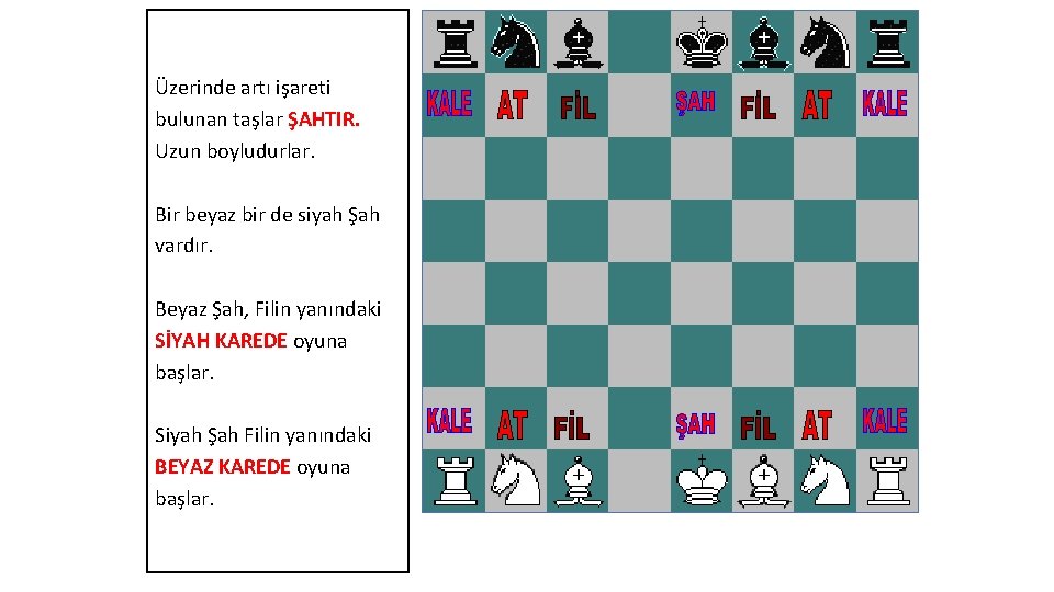 Üzerinde artı işareti bulunan taşlar ŞAHTIR. Uzun boyludurlar. Bir beyaz bir de siyah Şah