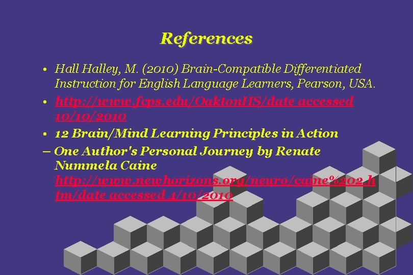 References • Halley, M. (2010) Brain-Compatible Differentiated Instruction for English Language Learners, Pearson, USA.