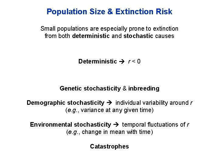 Population Size & Extinction Risk Small populations are especially prone to extinction from both