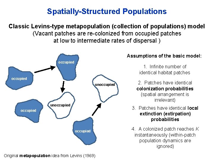 Spatially-Structured Populations Classic Levins-type metapopulation (collection of populations) model (Vacant patches are re-colonized from