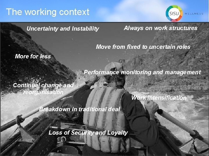 The working context Uncertainty and Instability Always on work structures Move from fixed to