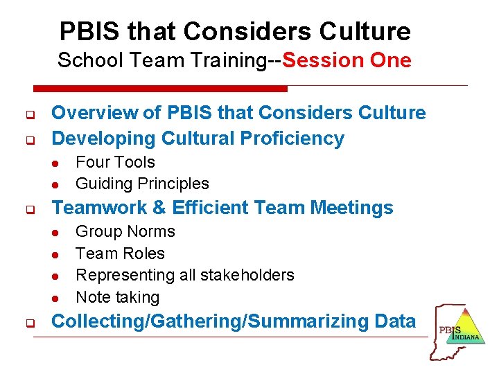 PBIS that Considers Culture School Team Training--Session One q q Overview of PBIS that