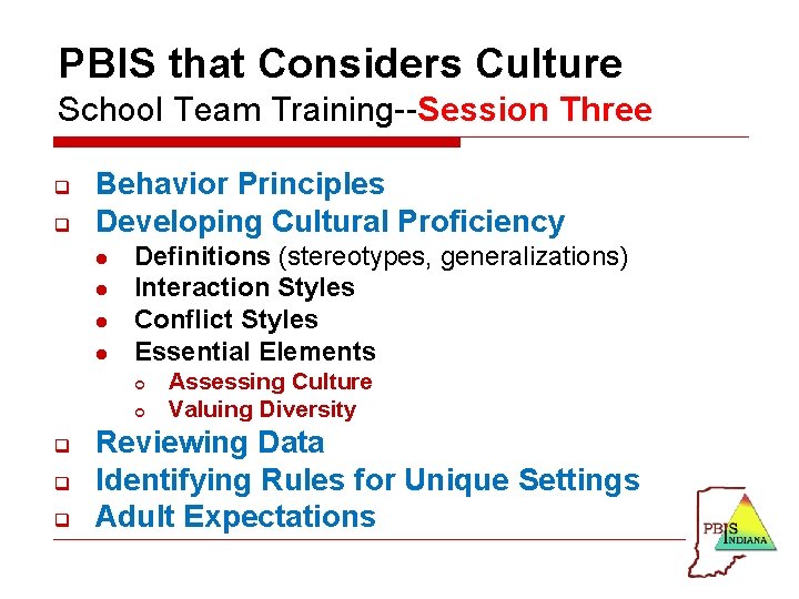 PBIS that Considers Culture School Team Training--Session Three q q Behavior Principles Developing Cultural