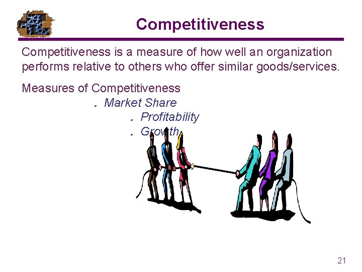 Competitiveness is a measure of how well an organization performs relative to others who