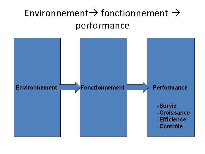 Environnement fonctionnement performance Environnement Fonctionnement Performance -Survie -Croissance -Efficience -Contrôle 