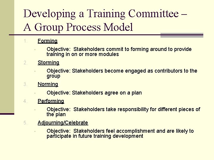 Developing a Training Committee – A Group Process Model Forming 1. • Objective: Stakeholders