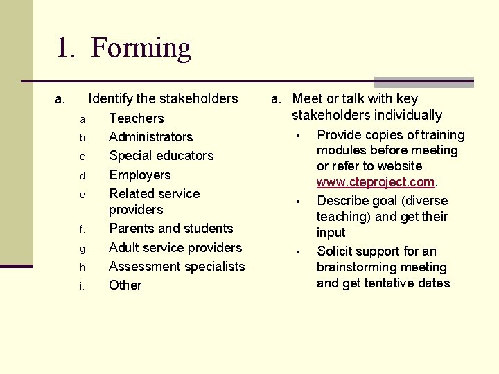 1. Forming Identify the stakeholders a. b. c. d. e. f. g. h. i.