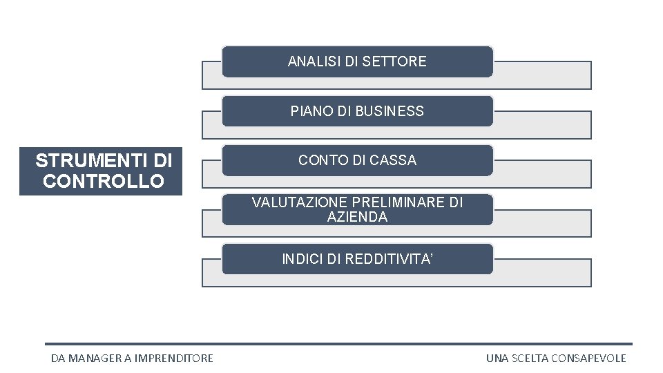 ANALISI DI SETTORE PIANO DI BUSINESS STRUMENTI DI CONTROLLO CONTO DI CASSA VALUTAZIONE PRELIMINARE