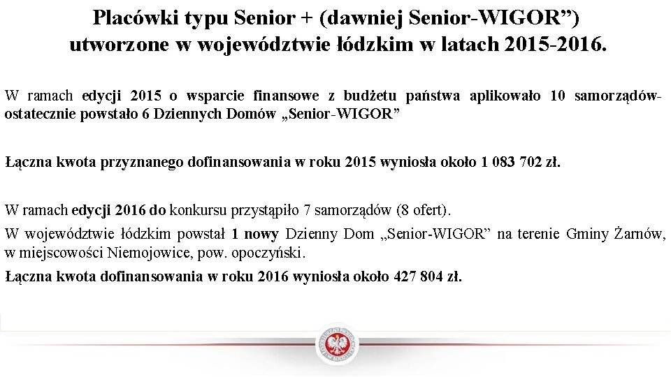 Placówki typu Senior + (dawniej Senior-WIGOR”) utworzone w województwie łódzkim w latach 2015 -2016.