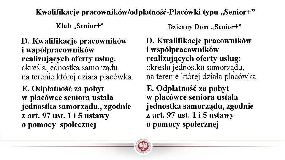  Kwalifikacje pracowników/odpłatność-Placówki typu „Senior+” Klub „Senior+” Dzienny Dom „Senior+” D. Kwalifikacje pracowników i