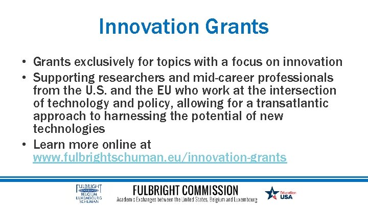 Innovation Grants • Grants exclusively for topics with a focus on innovation • Supporting