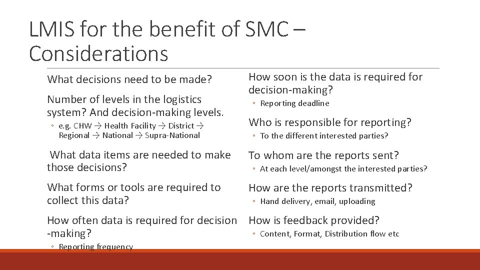 LMIS for the benefit of SMC – Considerations What decisions need to be made?