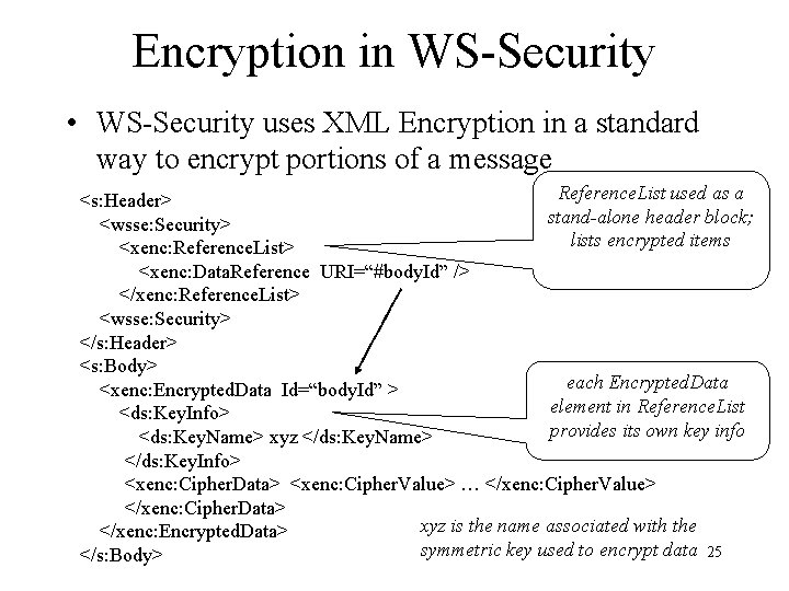 Encryption in WS-Security • WS-Security uses XML Encryption in a standard way to encrypt