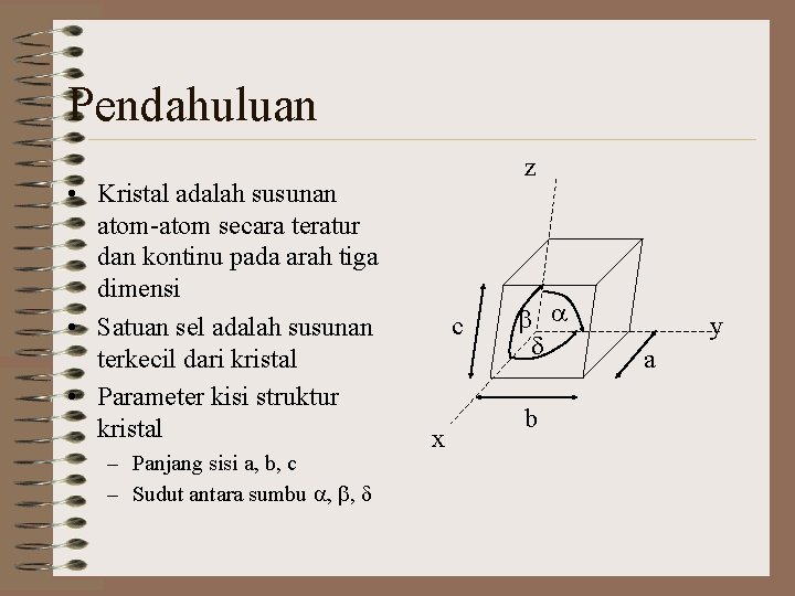 Pendahuluan • Kristal adalah susunan atom-atom secara teratur dan kontinu pada arah tiga dimensi