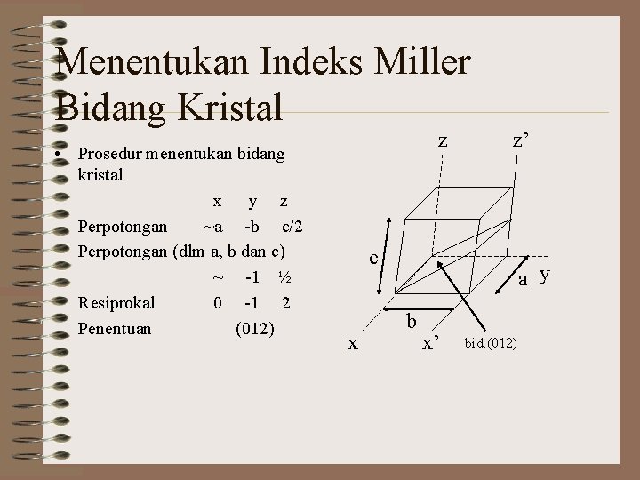 Menentukan Indeks Miller Bidang Kristal • Prosedur menentukan bidang kristal x y z Perpotongan