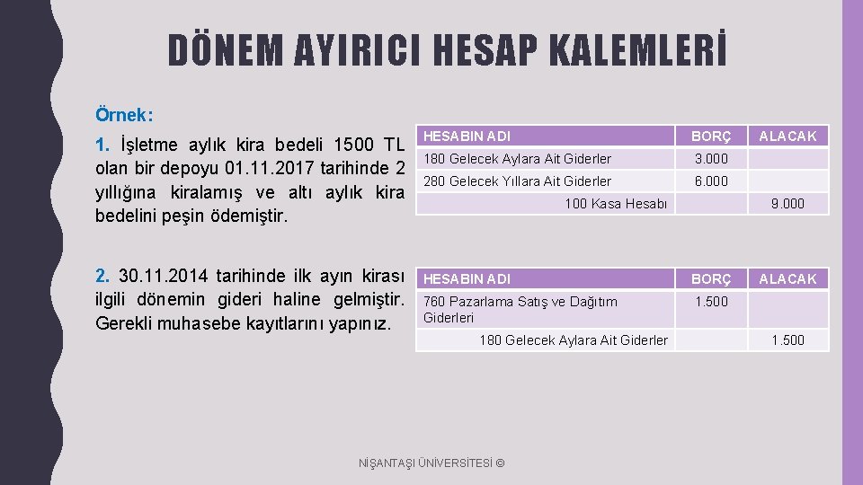 DÖNEM AYIRICI HESAP KALEMLERİ Örnek: 1. İşletme aylık kira bedeli 1500 TL olan bir