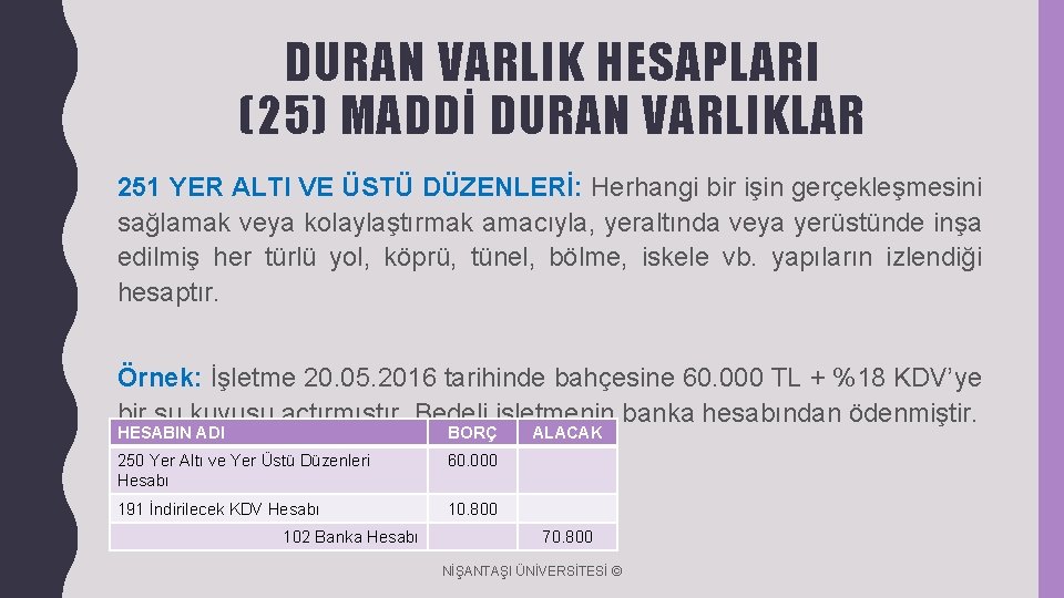 DURAN VARLIK HESAPLARI (25) MADDİ DURAN VARLIKLAR 251 YER ALTI VE ÜSTÜ DÜZENLERİ: Herhangi