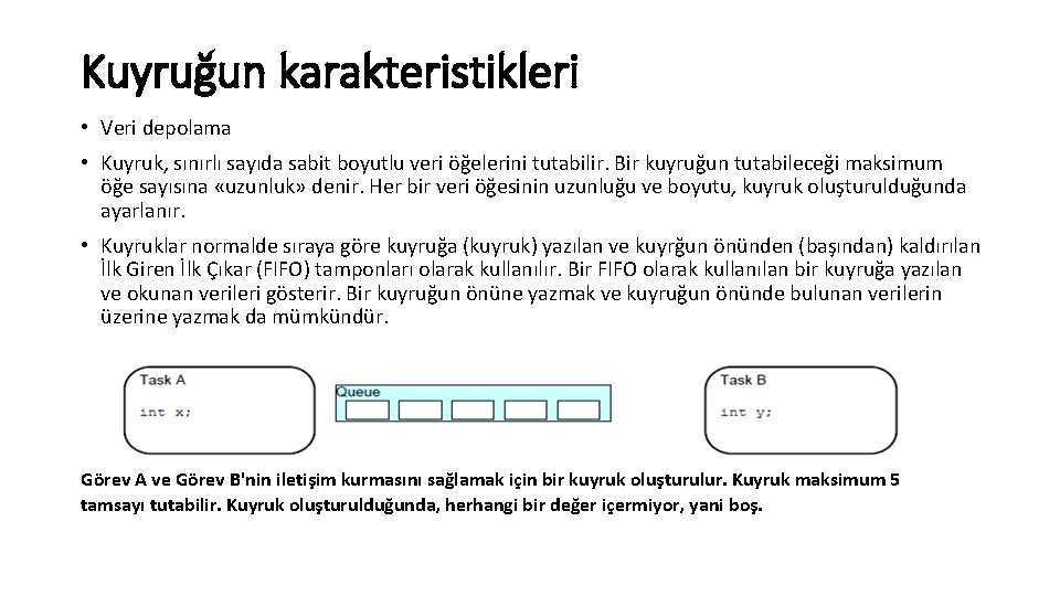 Kuyruğun karakteristikleri • Veri depolama • Kuyruk, sınırlı sayıda sabit boyutlu veri öğelerini tutabilir.