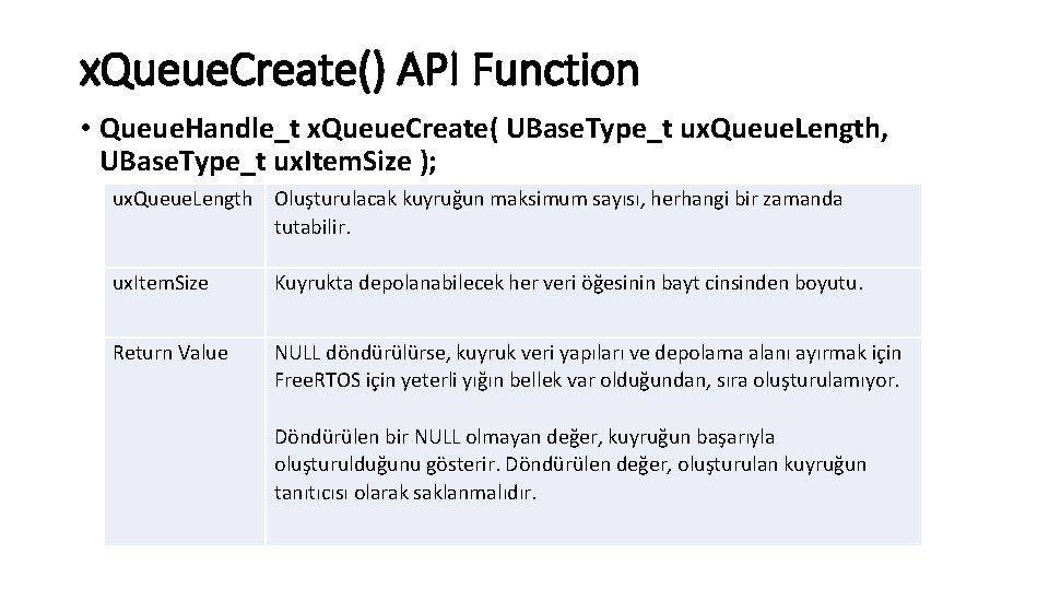 x. Queue. Create() API Function • Queue. Handle_t x. Queue. Create( UBase. Type_t ux.