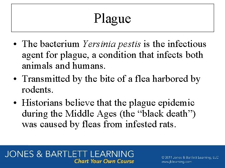Plague • The bacterium Yersinia pestis is the infectious agent for plague, a condition