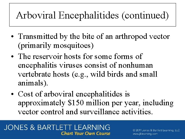 Arboviral Encephalitides (continued) • Transmitted by the bite of an arthropod vector (primarily mosquitoes)