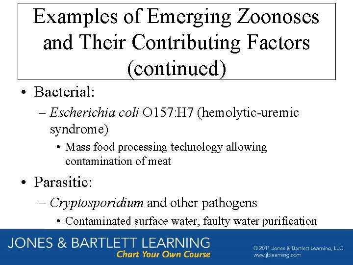Examples of Emerging Zoonoses and Their Contributing Factors (continued) • Bacterial: – Escherichia coli