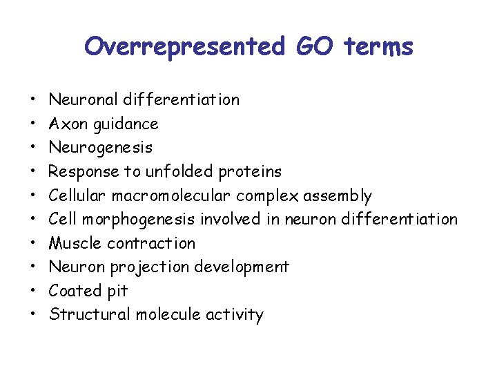 Overrepresented GO terms • • • Neuronal differentiation Axon guidance Neurogenesis Response to unfolded