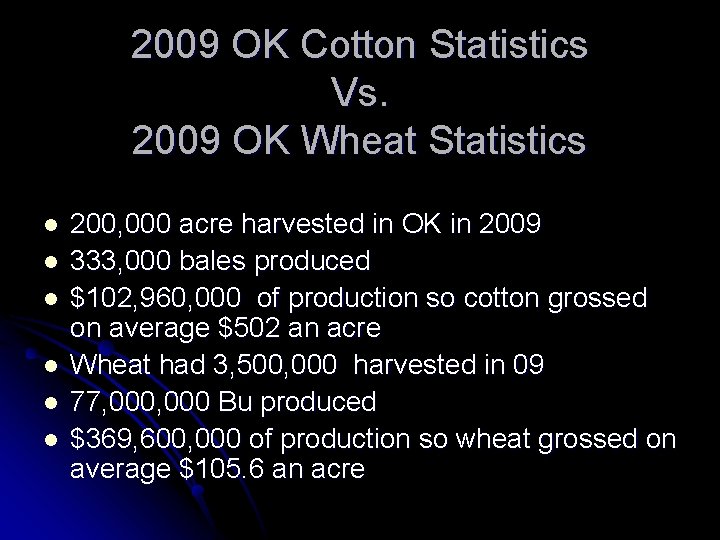2009 OK Cotton Statistics Vs. 2009 OK Wheat Statistics l l l 200, 000