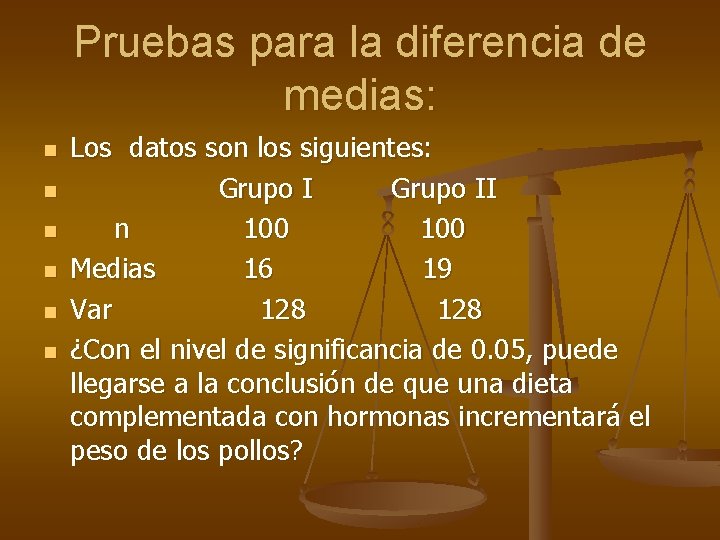 Pruebas para la diferencia de medias: n n n Los datos son los siguientes: