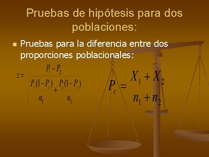 Pruebas de hipótesis para dos poblaciones: n Pruebas para la diferencia entre dos proporciones