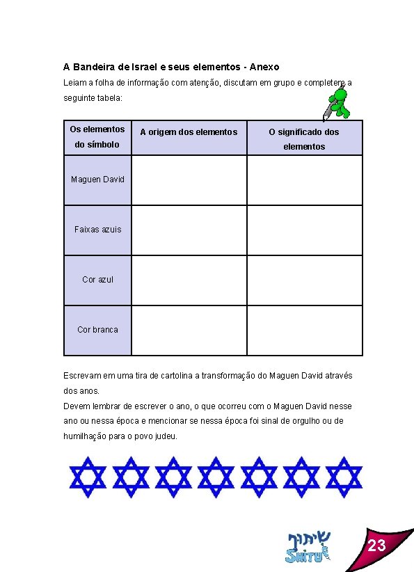 A Bandeira de Israel e seus elementos - Anexo Leiam a folha de informação