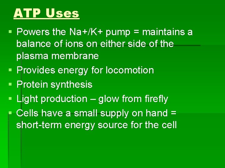 ATP Uses § Powers the Na+/K+ pump = maintains a balance of ions on