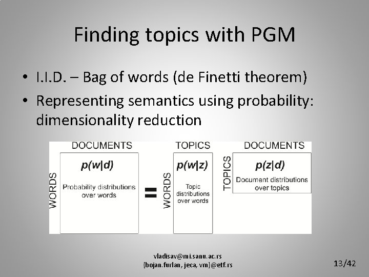 Finding topics with PGM • I. I. D. – Bag of words (de Finetti