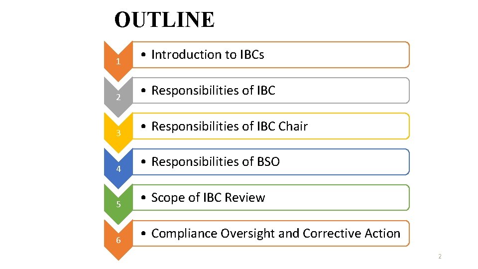 OUTLINE 1 • Introduction to IBCs 2 • Responsibilities of IBC 3 • Responsibilities