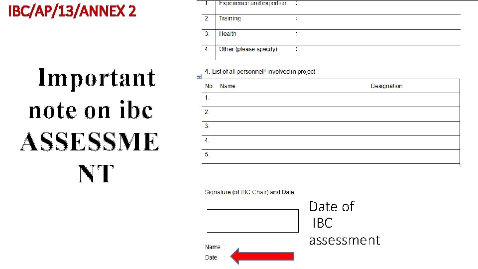 IBC/AP/13/ANNEX 2 Important note on ibc ASSESSME NT Date of IBC assessment 22 
