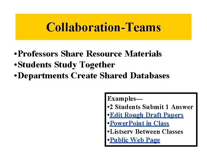 Collaboration-Teams • Professors Share Resource Materials • Students Study Together • Departments Create Shared