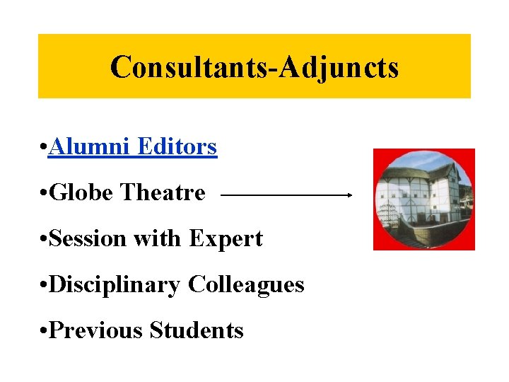 Consultants-Adjuncts • Alumni Editors • Globe Theatre • Session with Expert • Disciplinary Colleagues