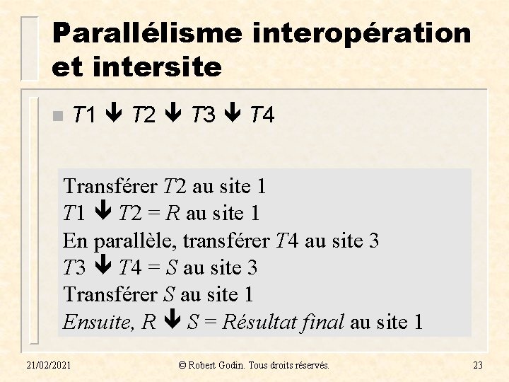 Parallélisme interopération et intersite n T 1 T 2 T 3 T 4 Transférer