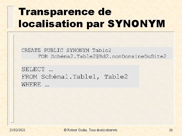 Transparence de localisation par SYNONYM 21/02/2021 © Robert Godin. Tous droits réservés. 26 