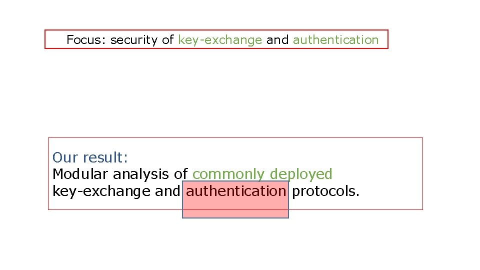 Focus: security of key-exchange and authentication Our result: Modular analysis of commonly deployed key-exchange