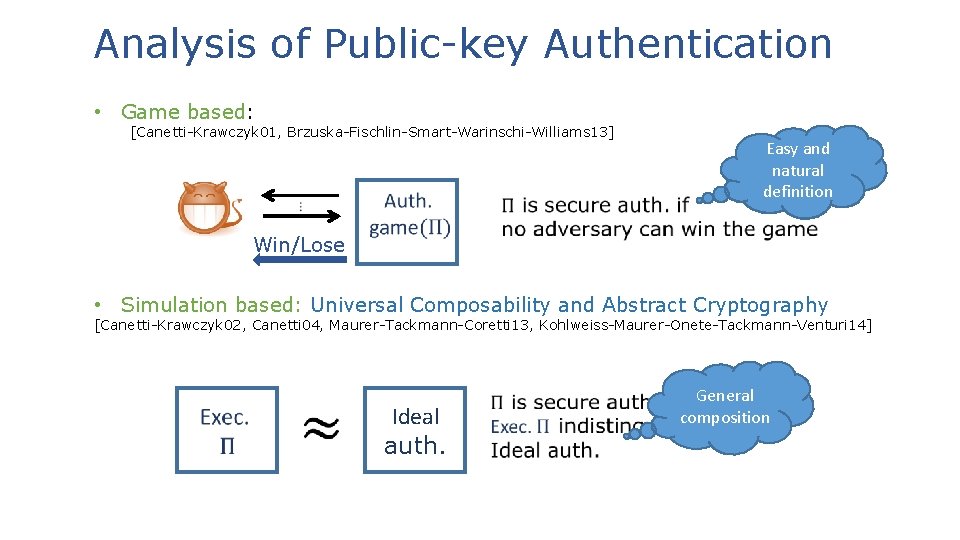 Analysis of Public-key Authentication • Game based: [Canetti-Krawczyk 01, Brzuska-Fischlin-Smart-Warinschi-Williams 13] Easy and Limited