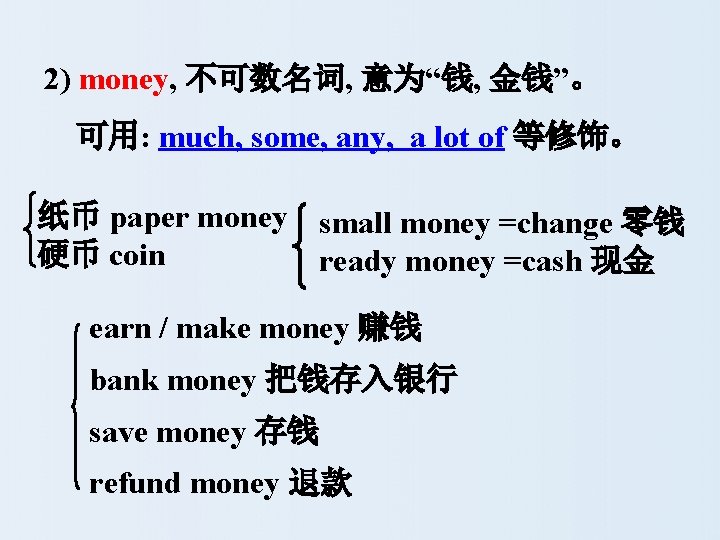 2) money, 不可数名词, 意为“钱, 金钱”。 可用: much, some, any, a lot of 等修饰。 纸币