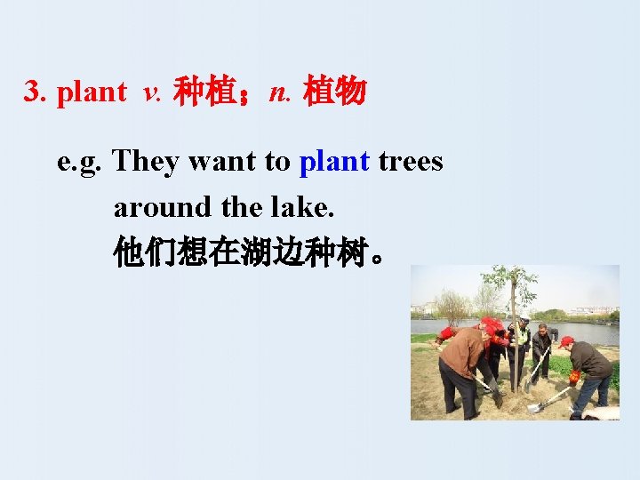 3. plant v. 种植；n. 植物 e. g. They want to plant trees around the