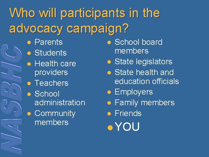 Who will participants in the advocacy campaign? l l l Parents Students Health care Who will participants in the advocacy campaign? l l l Parents Students Health care