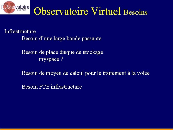 Observatoire Virtuel Besoins Infrastructure Besoin d’une large bande passante Besoin de place disque de